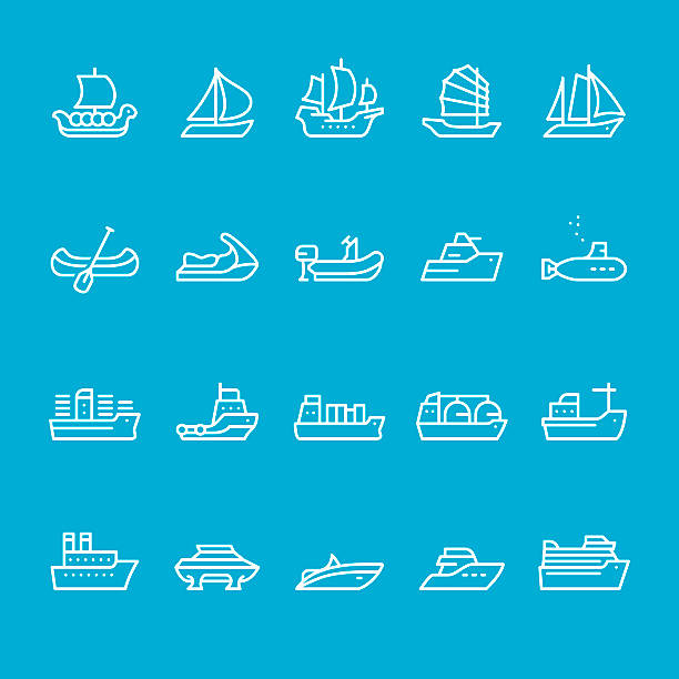 Ships and Nautical Vessel Types Ships and Nautical Vessel Types outline vector icons kit industrial ship military ship shipping passenger ship stock illustrations