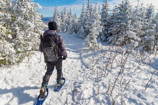 Young man snowshoeing in winter,  in the Quebec eastern townships region, Canada
