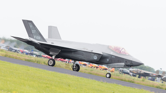 Leeuwarden, the Netherlands - June 10, 2016: Dutch F-35 on the runway during a flyby on it's European debut at the Royal Netherlands Air Force Days