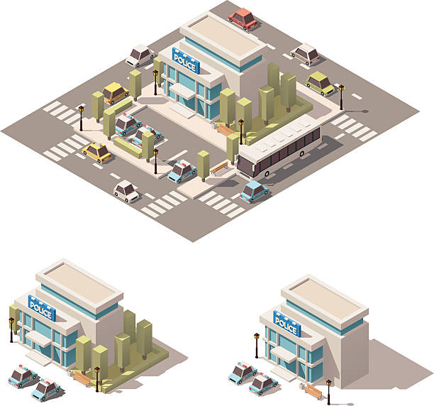 ilustrações de stock, clip art, desenhos animados e ícones de vector isometric low poly police building icon - emergency services car urgency isometric