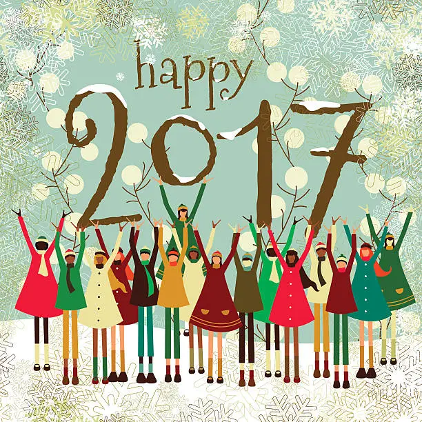 Vector illustration of Happy new year children kids 2017 text christmas card vintage