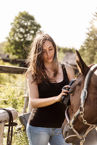 istock Woman brushing her horse 601910118