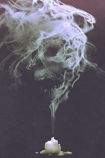 skull shaped smoke comes out from burnt candle,horror concept,illustration painting