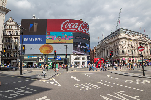 London, England - August 29, 2016: Picadilly Circus in London on an overcast summer day. 