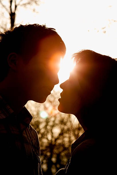 istock Profiles of romantic couple looking at each other on sunset 601910652