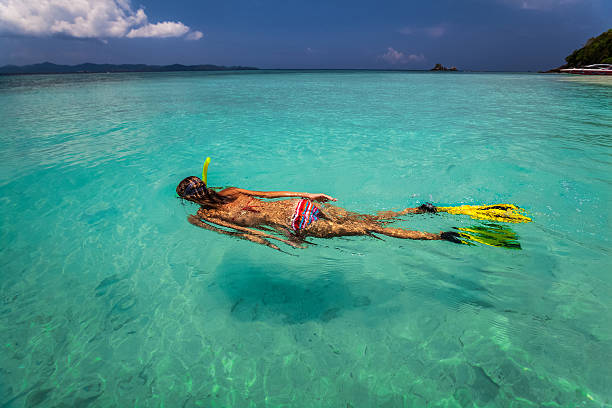 istock Lady with snorkel and fins 601910742