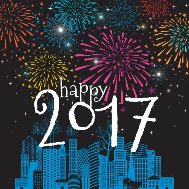 Vector illustration of Happy new year card christmas cityscape 2017 fireworks