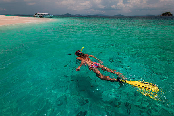 istock Lady with snorkel and fins 601914824