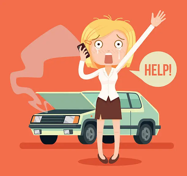 Vector illustration of Woman character crying calling after car crash