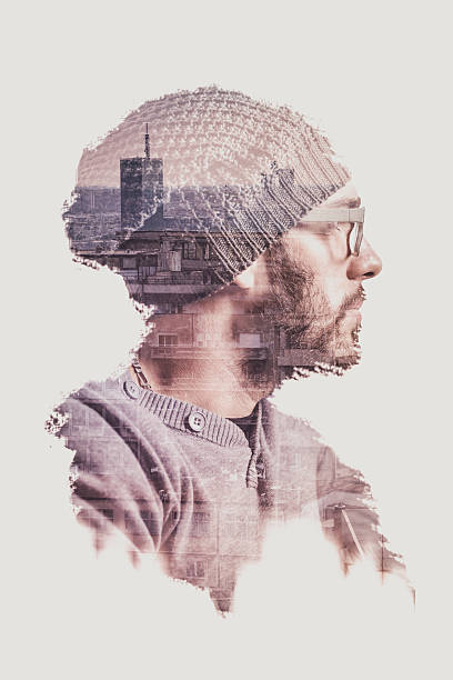 istock Double exposure with bearded man and city 601919180