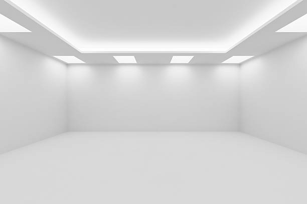 Wide empty white room with square ceiling lights Abstract architecture white room interior - wide empty white room with white wall, white floor, white ceiling with square ceiling lamps and hidden ceiling lights and empty space, 3d illustration cleanroom stock pictures, royalty-free photos & images