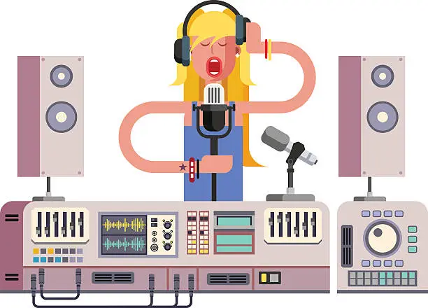 Vector illustration of Girl singing in sound recording studio
