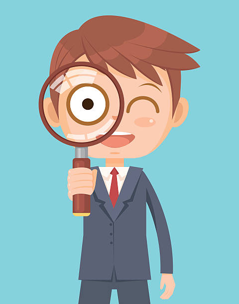 ilustrações, clipart, desenhos animados e ícones de trabalhador de escritório olhando através da lupa - low scale magnification glass men businessman