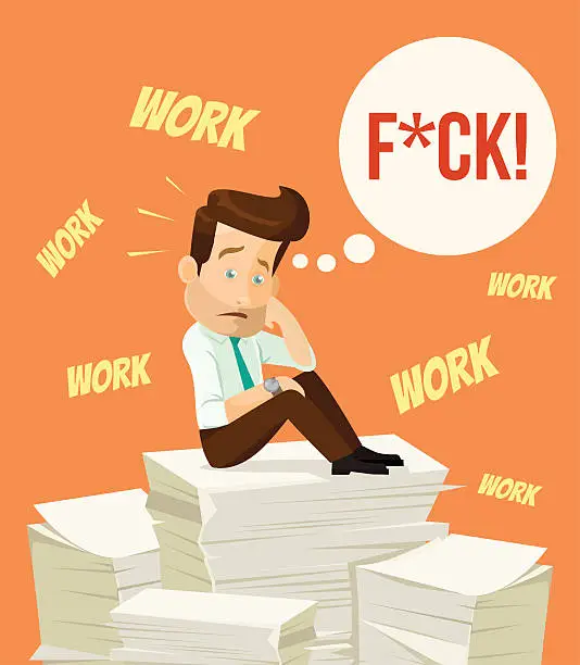 Vector illustration of Hard work. Busy man character thinking