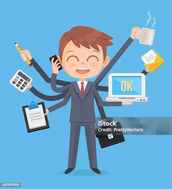 Happy Office Man Character Multitasking Hard Work Stock Illustration - Download Image Now - Businessman, One Person, Skill