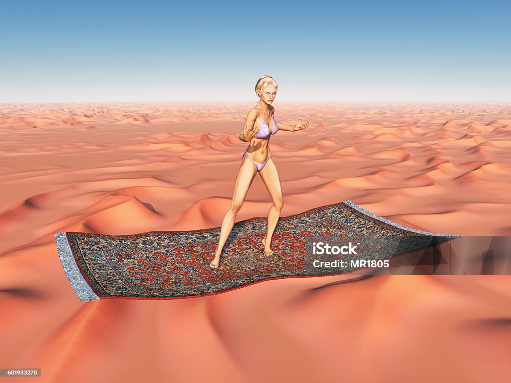 Woman on a flying carpet over a desert Computer generated 3D illustration with a woman on a flying carpet over a desert Magic Carpet Stock Photo