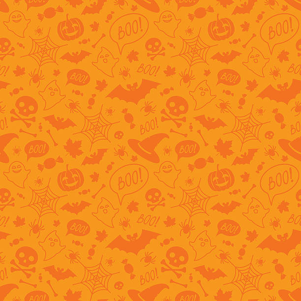 ilustraciones, imágenes clip art, dibujos animados e iconos de stock de halloween naranja festivo patrón sin costuras. - aparición acontecimiento