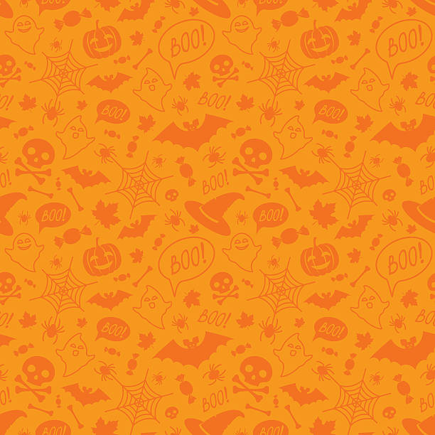 illustrations, cliparts, dessins animés et icônes de halloween orange festif motif sans couture. - huée