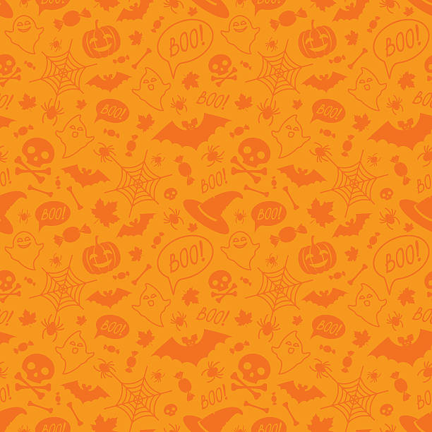 Halloween orange festive seamless pattern. Halloween orange festive seamless pattern. Endless background with pumpkins, skulls, bats, spiders, ghosts, bones, candies, spider web and speech bubble with boo spooky illustrations stock illustrations