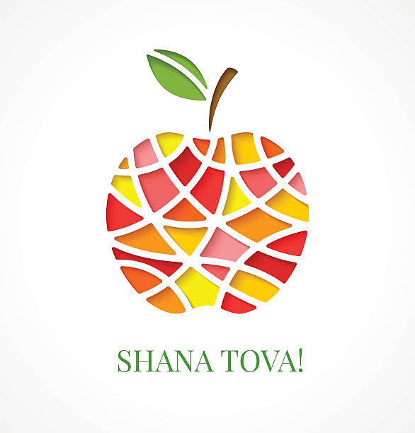 ilustraciones, imágenes clip art, dibujos animados e iconos de stock de plantilla de diseño con manzana multicolor recortada - shana tova