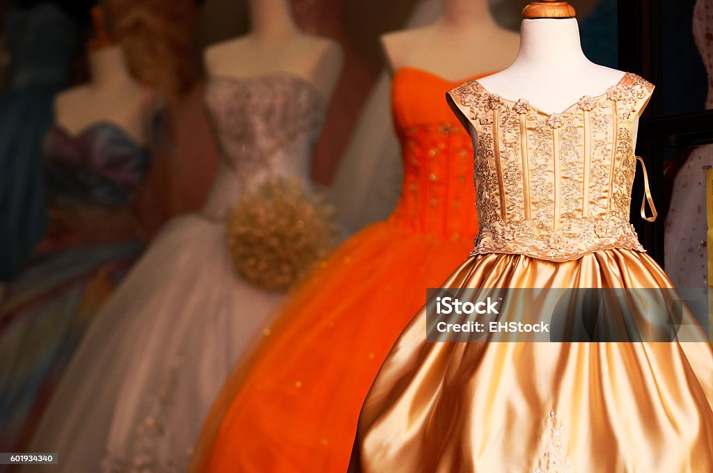Wedding quinceanera gowns on mannequins Evening Gown Stock Photo