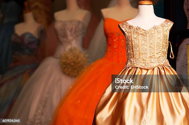 Wedding Quinceanera Gowns On Mannequins Stock Photo - Download Image Now - Evening Gown, Prom Dress, Dress