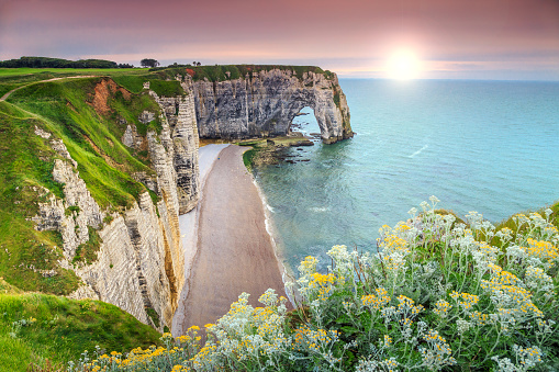 View from the cliffs of the Normandy coast to the idyllic town of Etretat