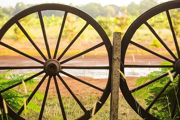 Closed up decorated wagon wheels used as fence in cultivated areas