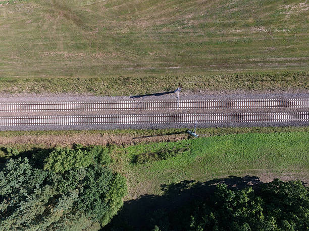 aerial view of railroad track in the country with forest stock photo