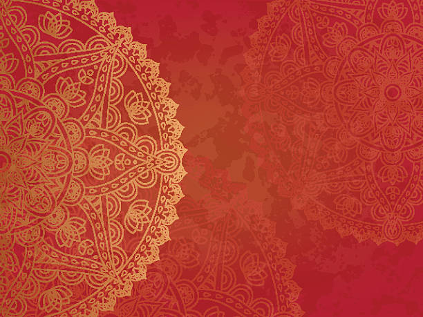 Mandala retro red background Horizontal background with oriental round pattern and texture of old paper. Vector illustration. mandala stock illustrations