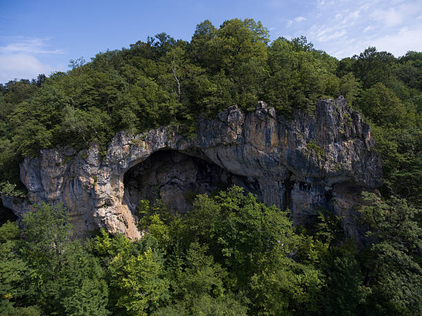 istock Cave entrance on the side of a mountain covered. 601939982