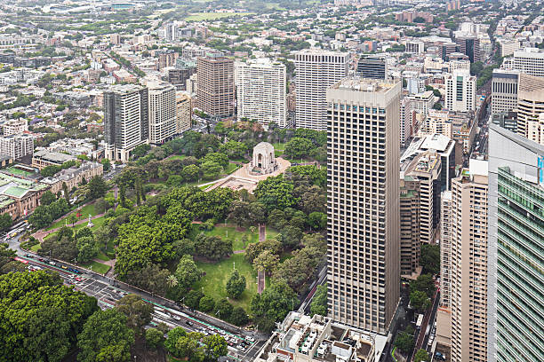 High view to Hyde Park, Sydney Elevated view of Hyde Park with Anzac War Memorial, Sydney, NSW, Australia hyde park sydney stock pictures, royalty-free photos & images