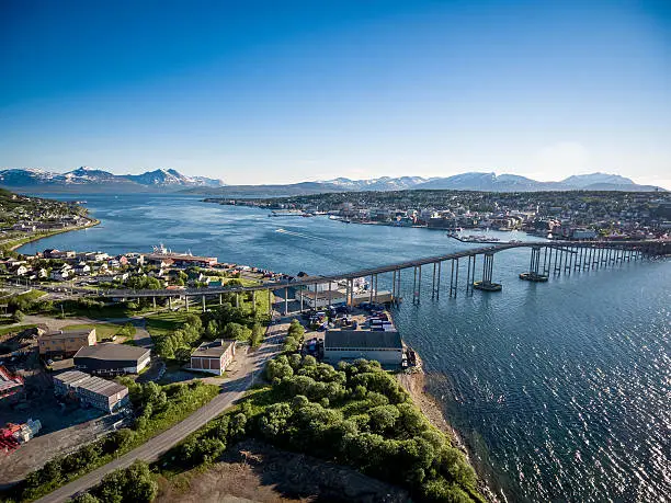 Bridge of city Tromso, Norway aerial photography. Tromso is considered the northernmost city in the world with a population above 50,000.