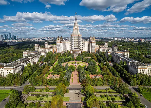 Aerial view of Lomonosov Moscow State University (MGU, MSU) on Sparrow Hills, Moscow, Russia