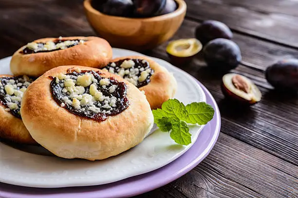 Traditional Moravian pies with plum jam, curd filling and crumble