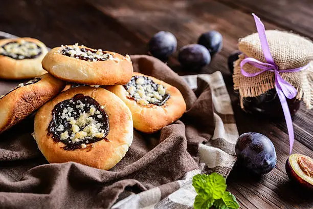 Traditional Moravian pies with plum jam, curd filling and crumble