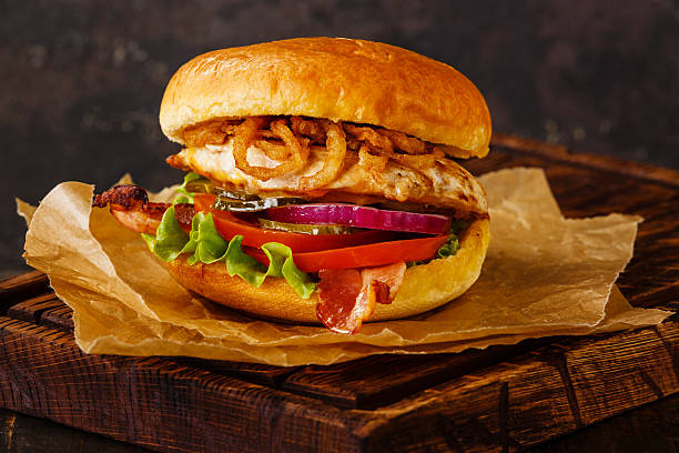 istock Burger with chicken breast and fried onions 601947006
