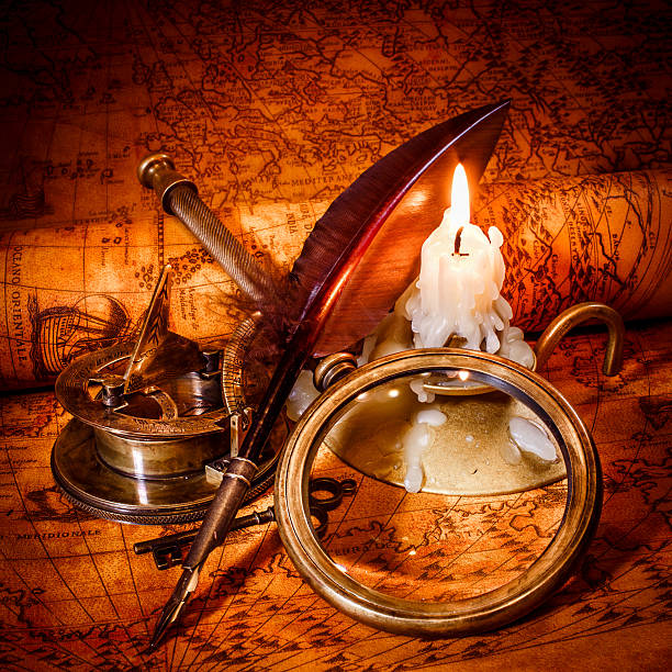 istock Vintage still life. Vintage items on ancient map. 601947362