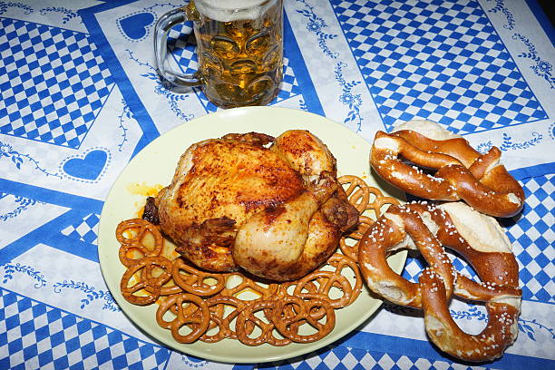 istock Original bavarian pretzels with beer . Beer Fest background 601947882