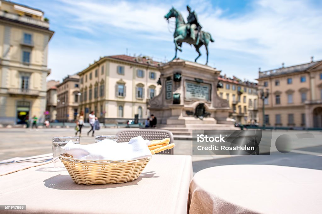 Turin city in Italy Restaurant table with breadsticks on Bodoni square in Turin city in Italy Turin Stock Photo