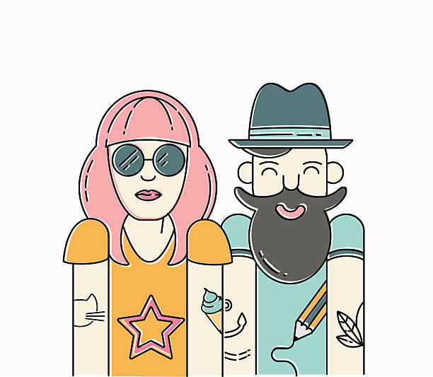 Cool vector hipster couple Cool vector hipster couple. Urban citizen character. Vector flat line illustration. background of the cool guy wearing sunglasses stock illustrations