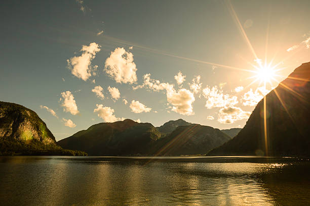 istock panoramic view of mountain lake at sunset 602288286