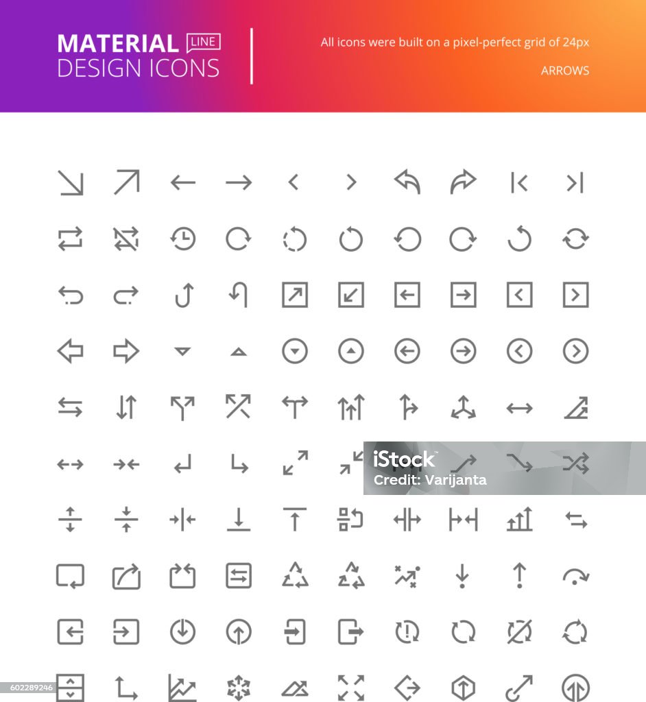 Material design arrow icons set Material design arrow icons set. Thin line pixel perfect icons. Premium quality icons for website and app design. Web Page stock vector
