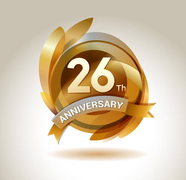 26 rocznica wstążki logo ze złotym kółkiem i elementów graficznych - laurel wreath bay tree wreath gold stock illustrations