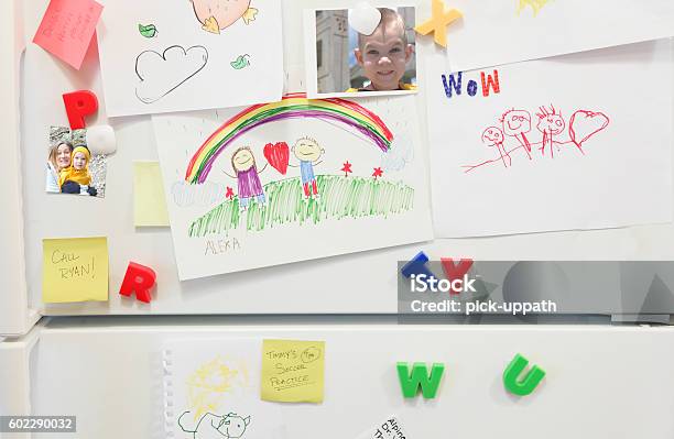 Family Fridge Stock Photo - Download Image Now - Refrigerator, Child, Drawing - Art Product