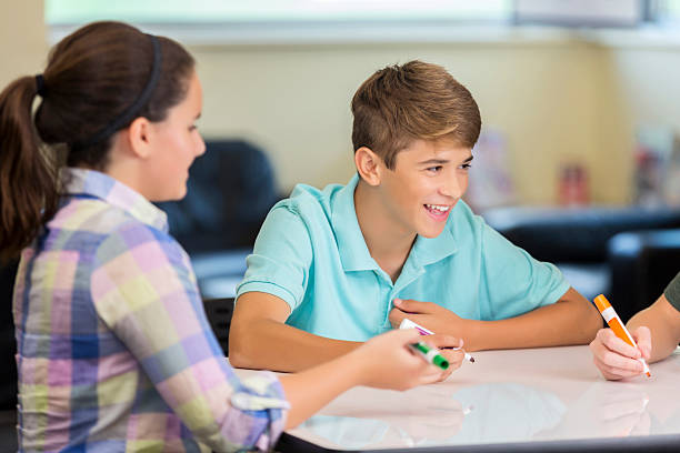 istock Laughing high school students brainstorming at makerspace animation station 602290622