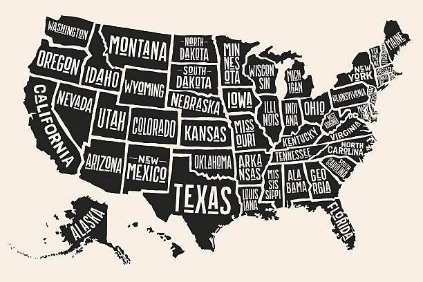 Poster map United States of America with state names Poster map of United States of America with state names. Black and white print map of USA for t-shirt, poster or geographic themes. Hand-drawn black map with states. Vector Illustration colorado illustrations stock illustrations