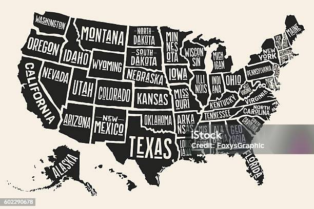 Poster Map United States Of America With State Names Stock Illustration - Download Image Now