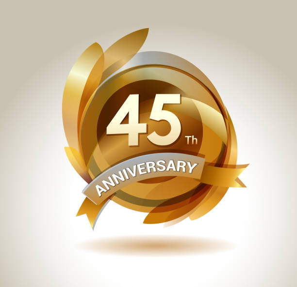 illustrazioni stock, clip art, cartoni animati e icone di tendenza di logo del nastro del 45° anniversario con cerchio dorato ed elementi grafici - number 45