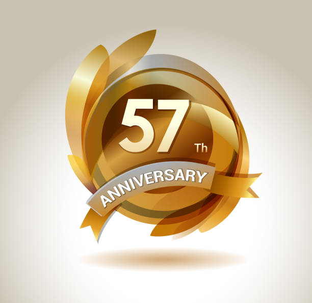 57th anniversary ribbon logo with golden circle and graphic elements anniversary logo gold series number 58 stock illustrations